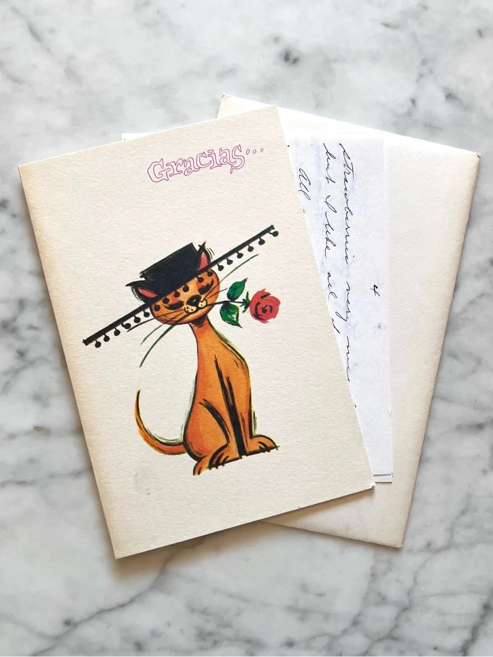 MCM Fravessi Thank You Card w/Cat in Sombrero Rose Spain Mexico 1951 Mid Century
